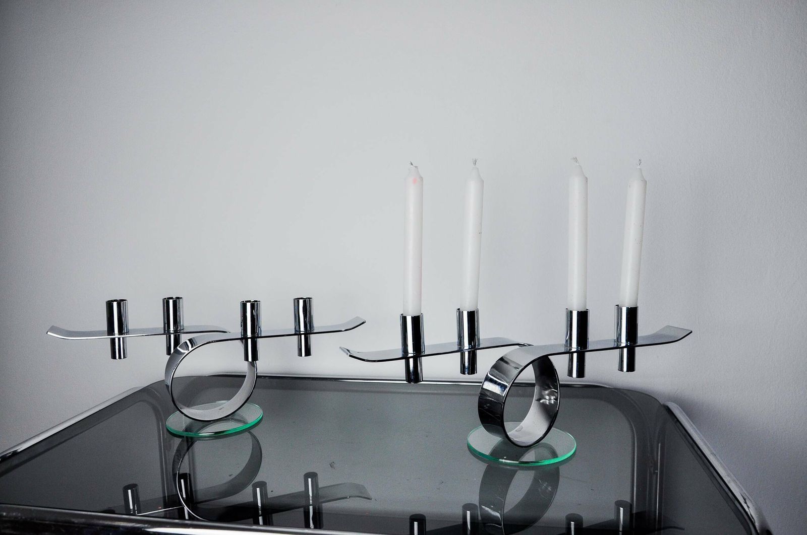 Pair Of Space Age 4 Flame Candlesticks, Glass And Metal, Germany, 1980 photo furniture