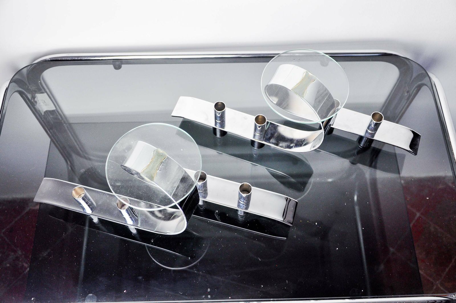 Pair Of Space Age 4 Flame Candlesticks, Glass And Metal, Germany, 1980 photo vinterior