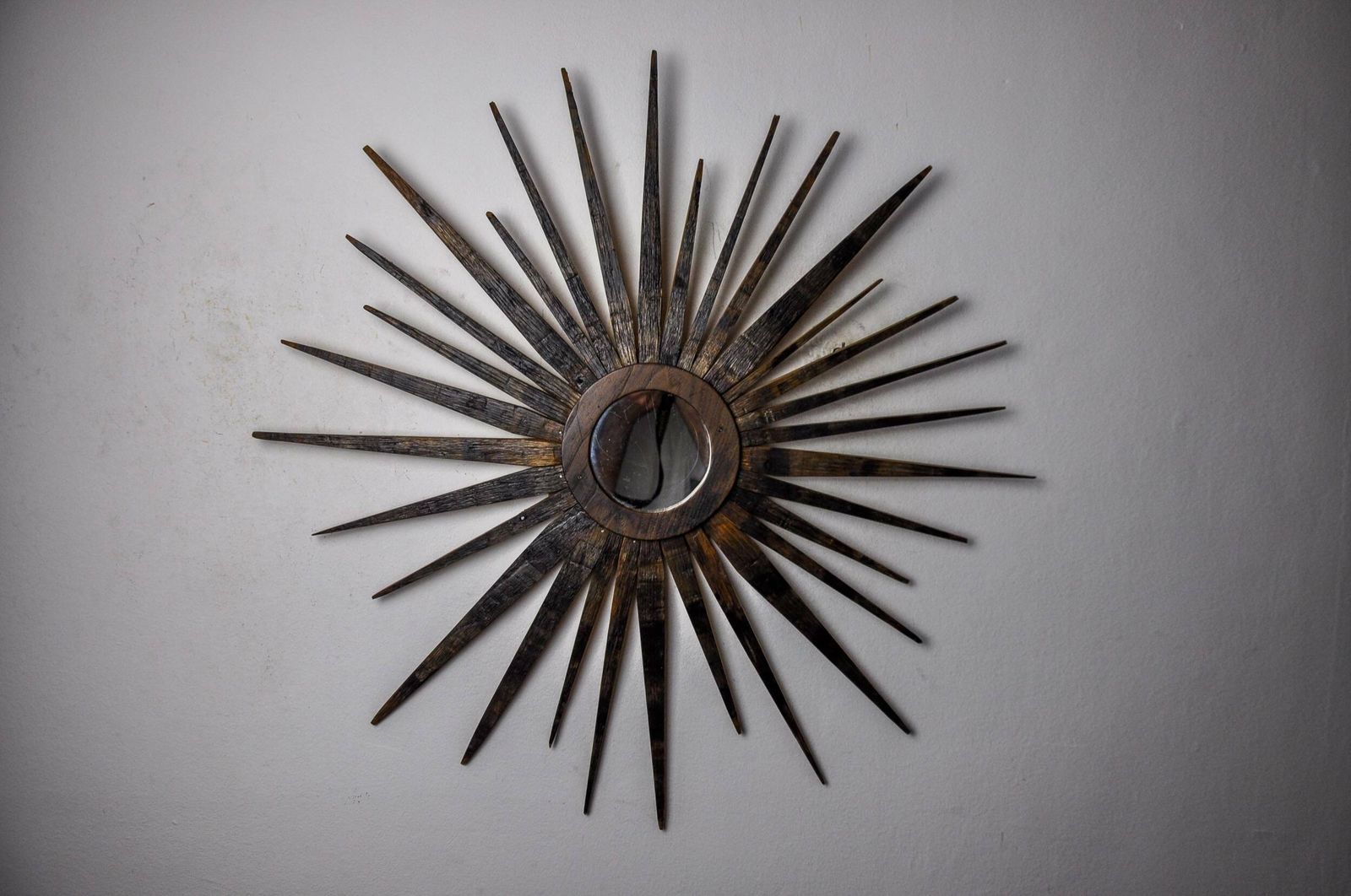 Xl Wooden Sun Mirror, France, 1960, 80 Cm photo vintage