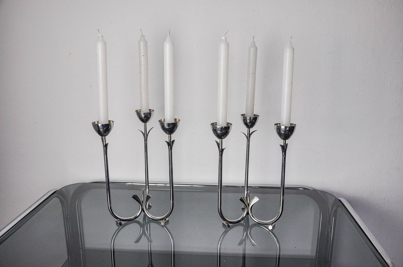 Pair Of Art Deco Stainless Steel 3 Flame Candlesticks, Spain, 1970 photo Home Decor