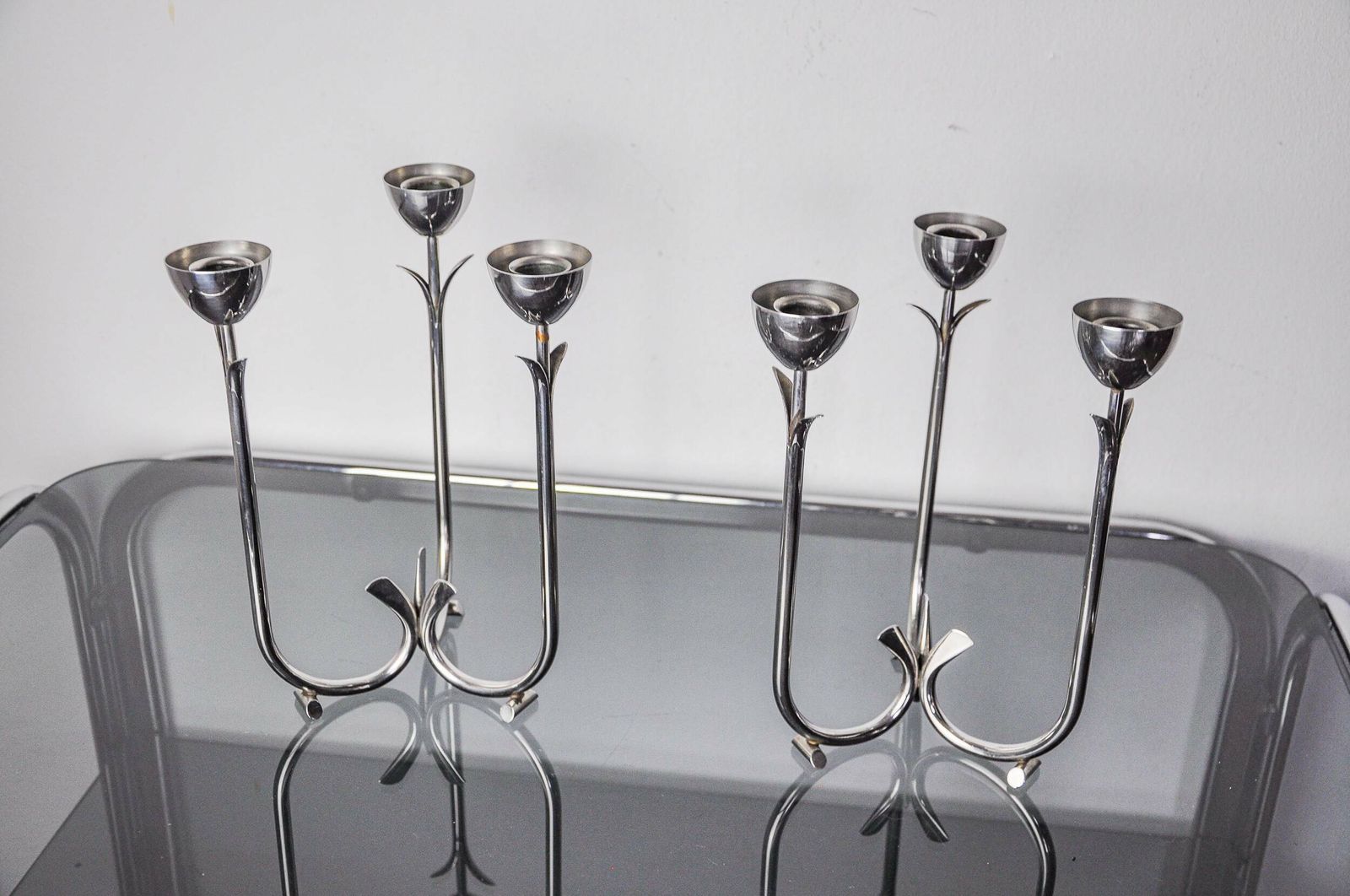 Pair Of Art Deco Stainless Steel 3 Flame Candlesticks, Spain, 1970 photo vinterior