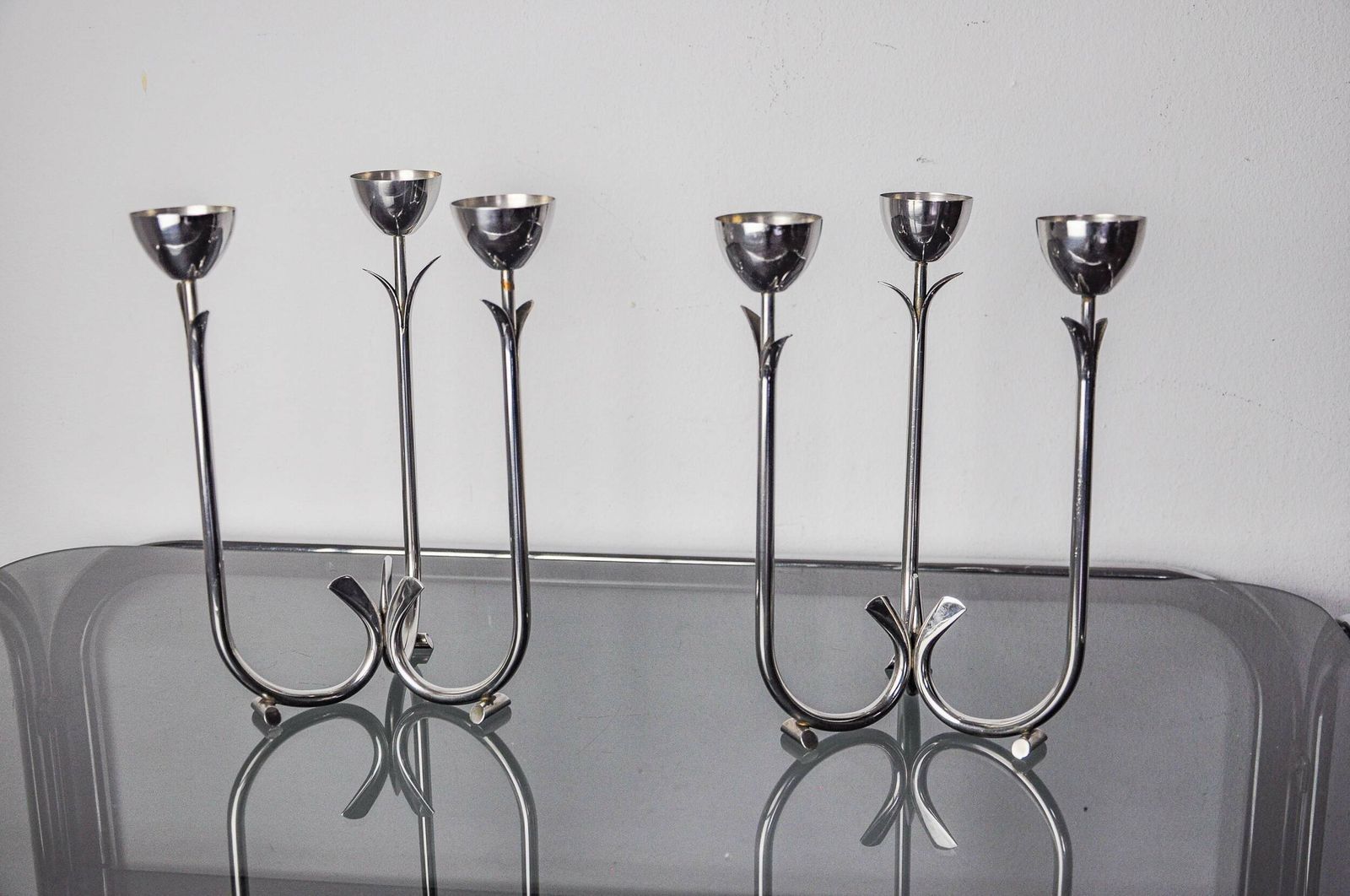photo furniture Pair Of Art Deco Stainless Steel 3 Flame Candlesticks, Spain, 1970