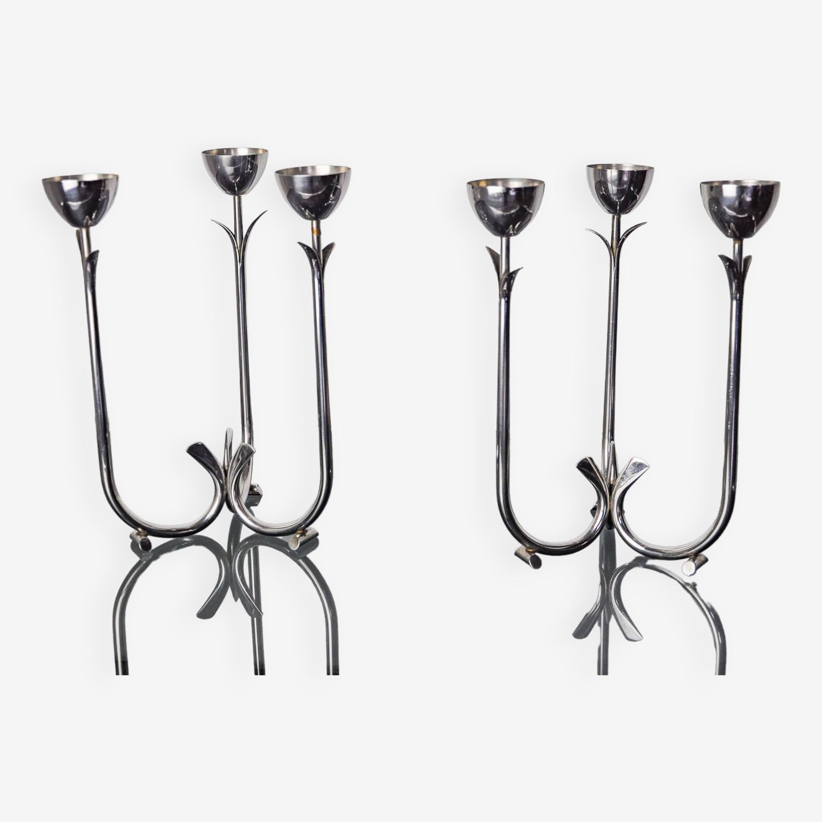 photo for sale Pair Of Art Deco Stainless Steel 3 Flame Candlesticks, Spain, 1970