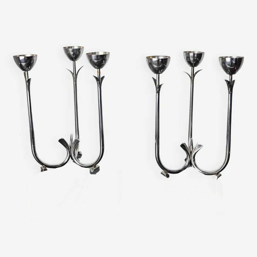 Home Decor Pair Of Art Deco Stainless Steel 3 Flame Candlesticks, Spain, 1970 photo