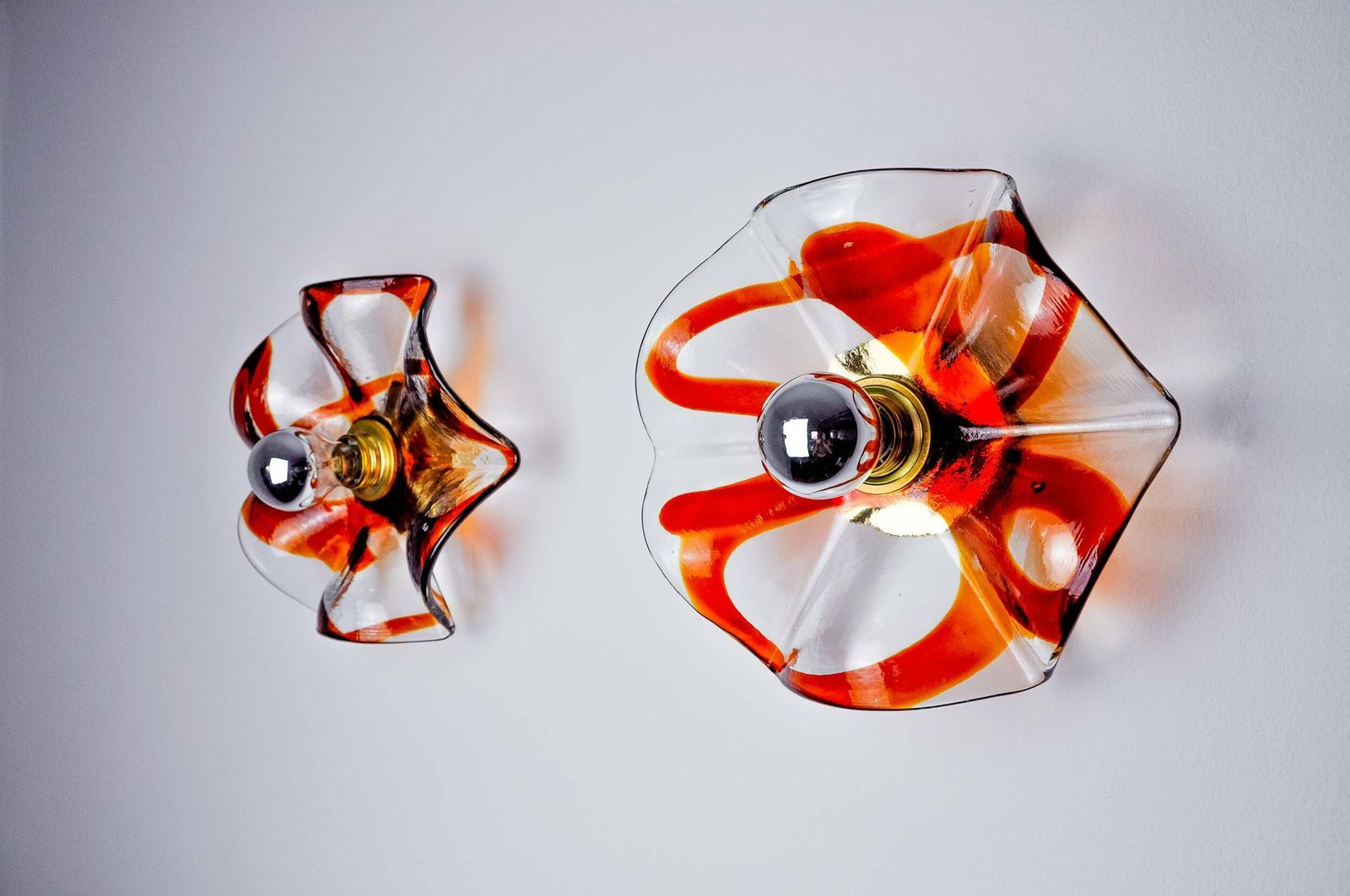 Pair Of Fleur Wall Lights By La Murina, Orange Murano Glass, Italy, 1970 photo vintage
