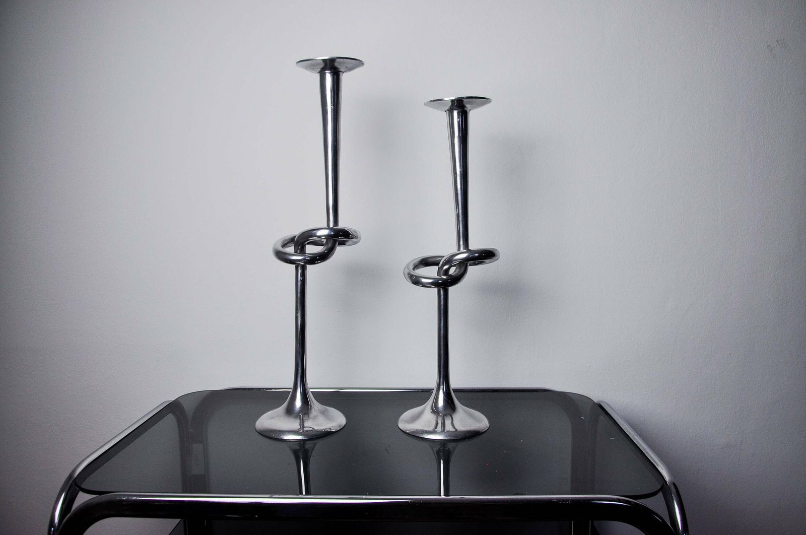 Pair Of Xl Knotted Candlesticks In Aluminum, Italy, 1980 photo for sale
