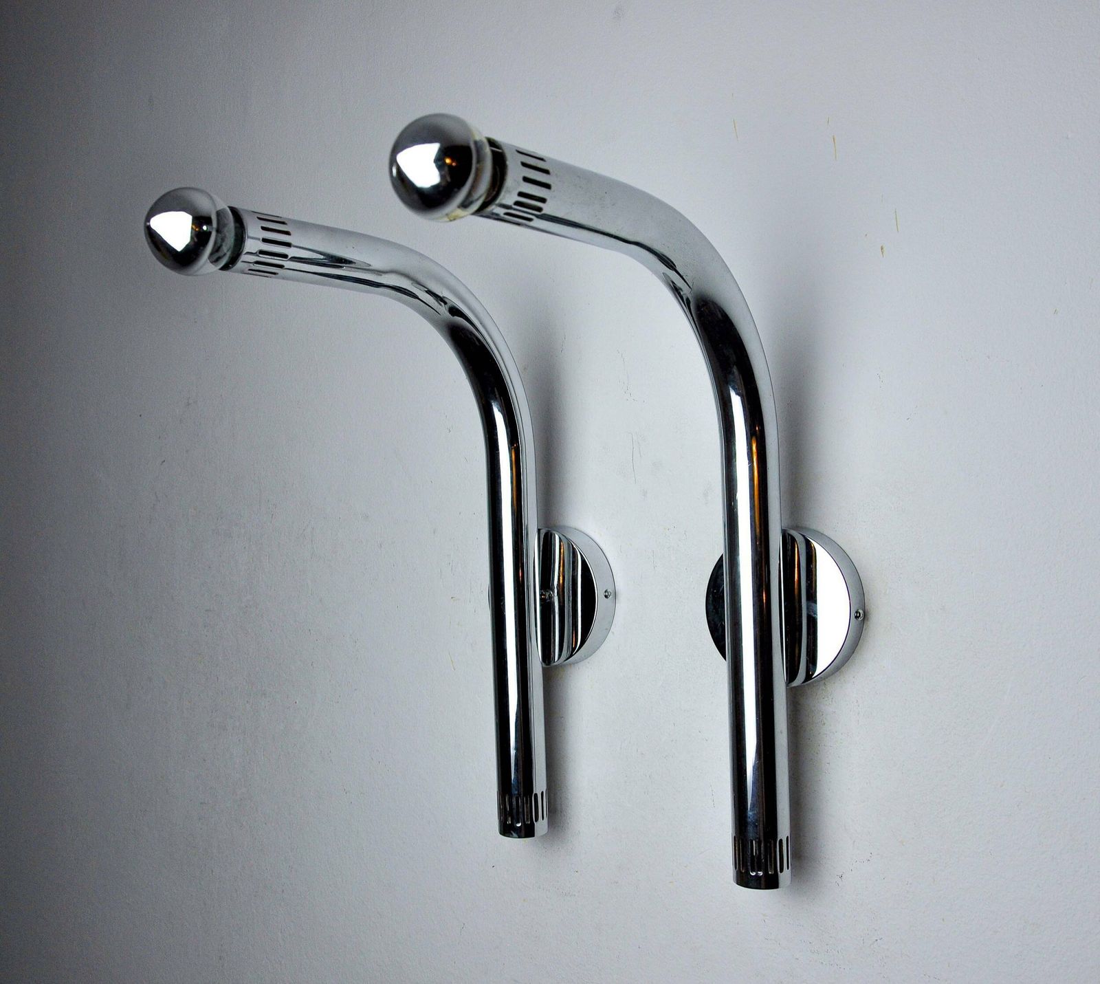 Pair Of Space Age Tubular Wall Lights, Chrome Plated Metal, Italy, 1970 photo furniture
