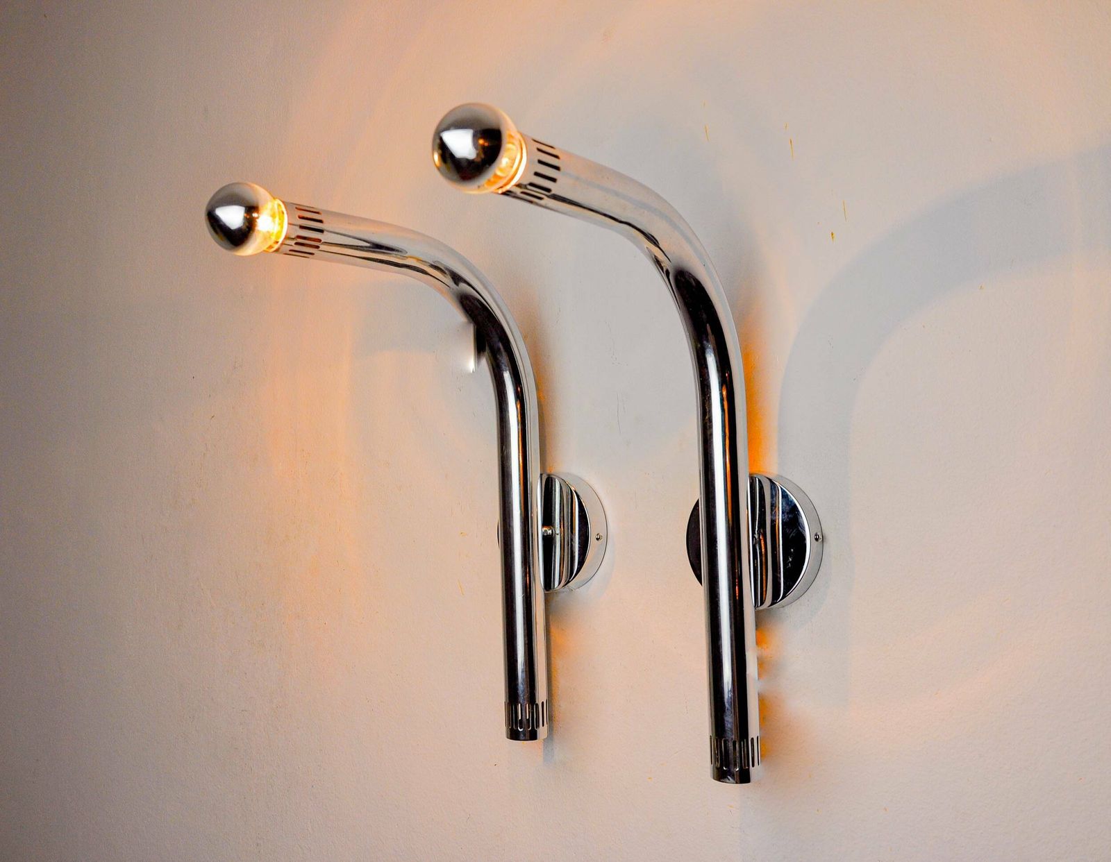 Pair Of Space Age Tubular Wall Lights, Chrome Plated Metal, Italy, 1970 photo for sale