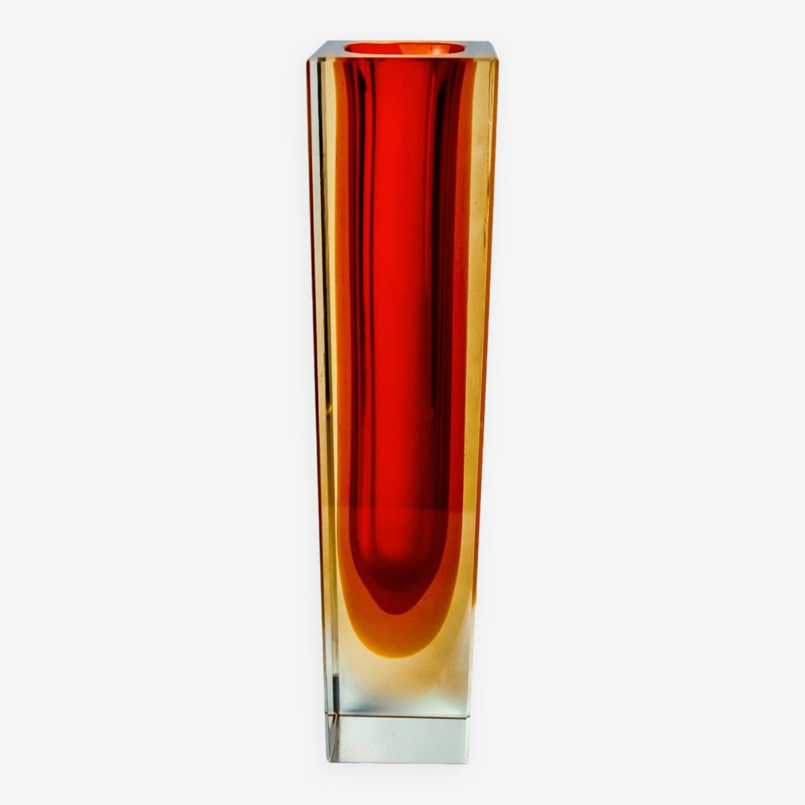 Red And Yellow Cubic Sommerso Vase By Flavio Poli For Seguso, Murano, Italy, 1970
