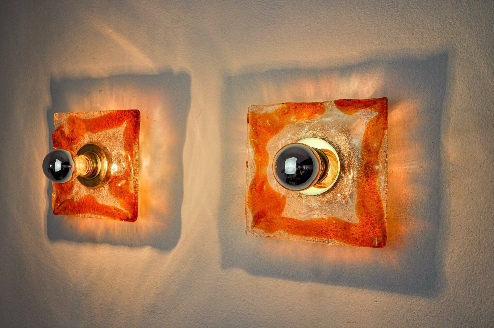 Pair Of Murano Mazzega Wall Lights, Orange Frosted Glass, Italy, 1970 photo for sale