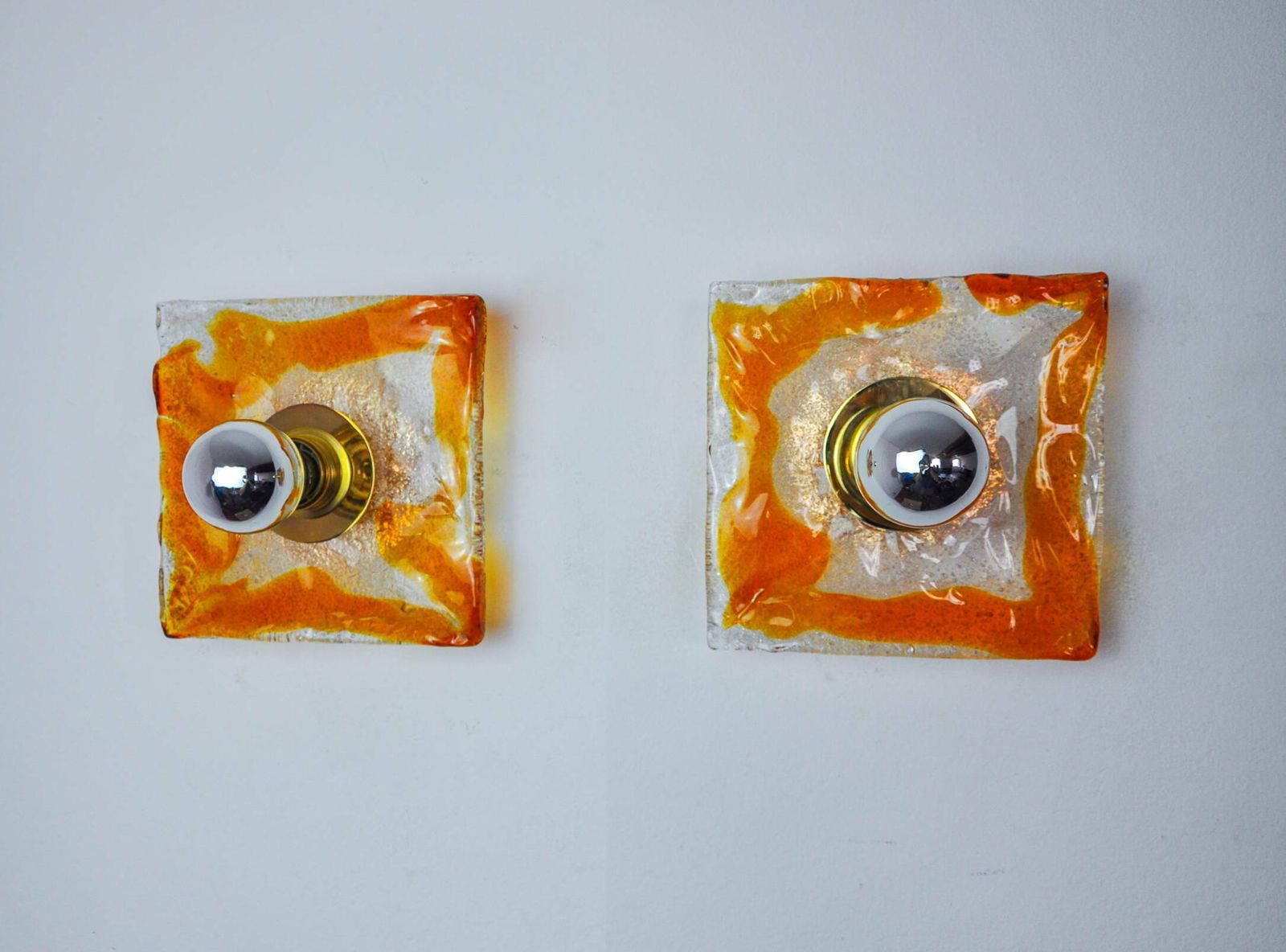 Pair Of Murano Mazzega Wall Lights, Orange Frosted Glass, Italy, 1970 photo Lighting