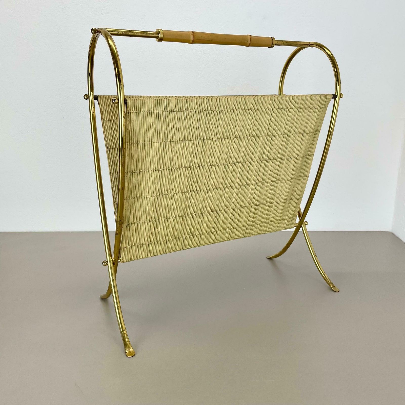 Unique Bauhaus Aubock Style Brass And Bamboo Magazine Holder, Austria 1950s photo Home Decor
