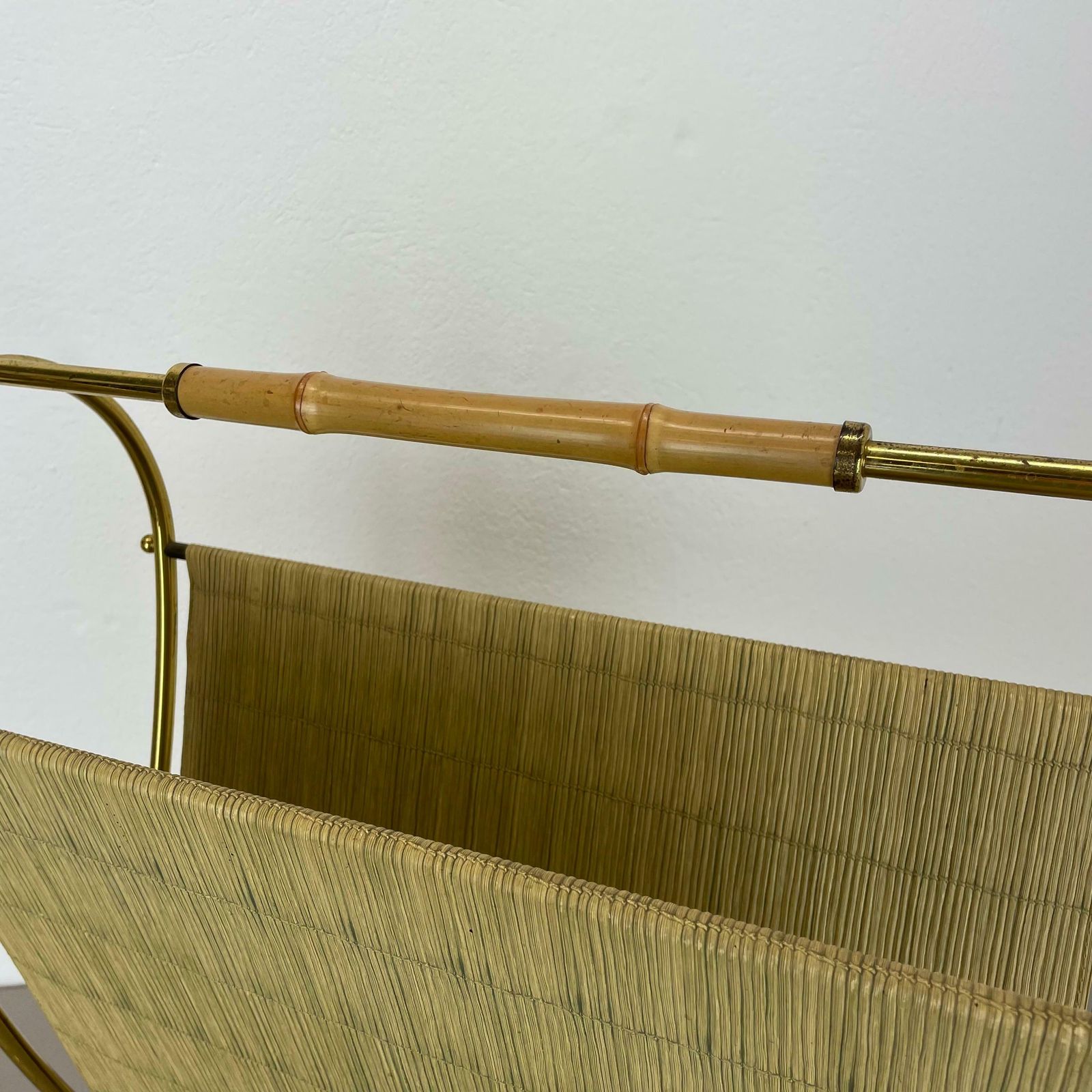 photo furniture Unique Bauhaus Aubock Style Brass And Bamboo Magazine Holder, Austria 1950s
