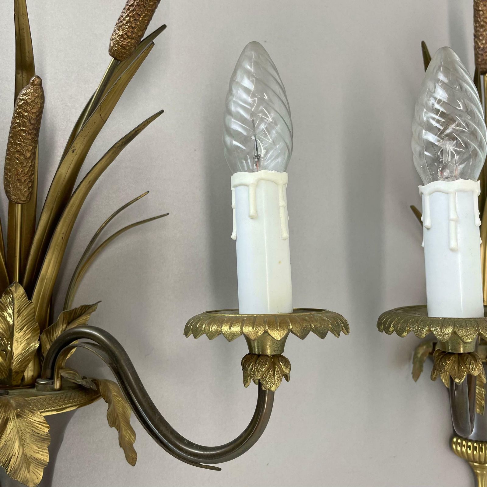 photo for sale Set Of 2 Heavy Brass Florentiner Wall Lights By Maison Charles, France 1970s