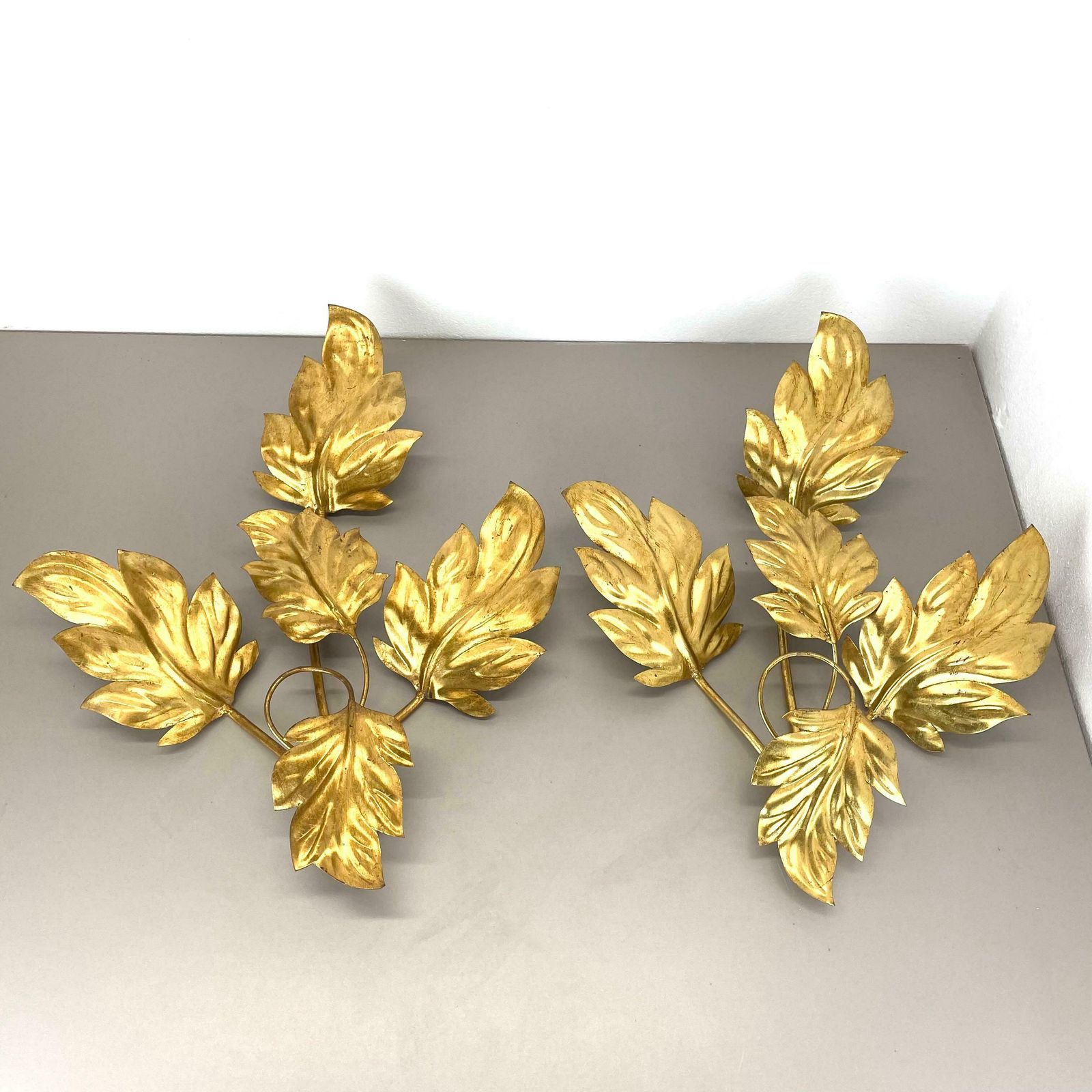 Set Of 2 Hans Kögl Style Golden Florentiner Leaf Wall Light Sconces, Italy, 1980 photo furniture