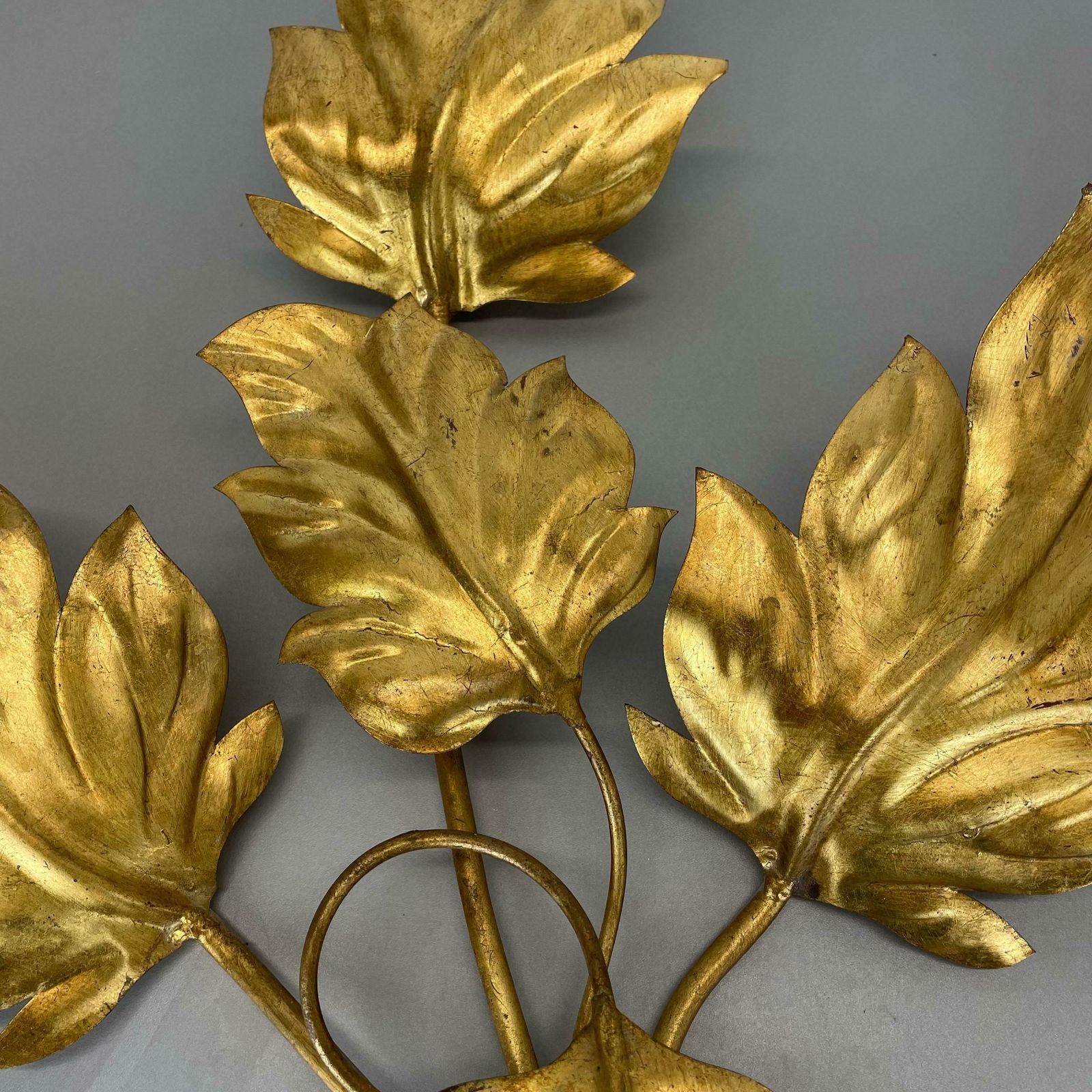 Set Of 2 Hans Kögl Style Golden Florentiner Leaf Wall Light Sconces, Italy, 1980 photo vintage