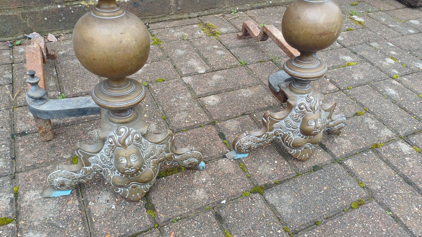 Magnificent Pair Victorian Vintage Brass And Iron Fire Dogs Naked Breasted Lady Of The Sea. photo vinterior