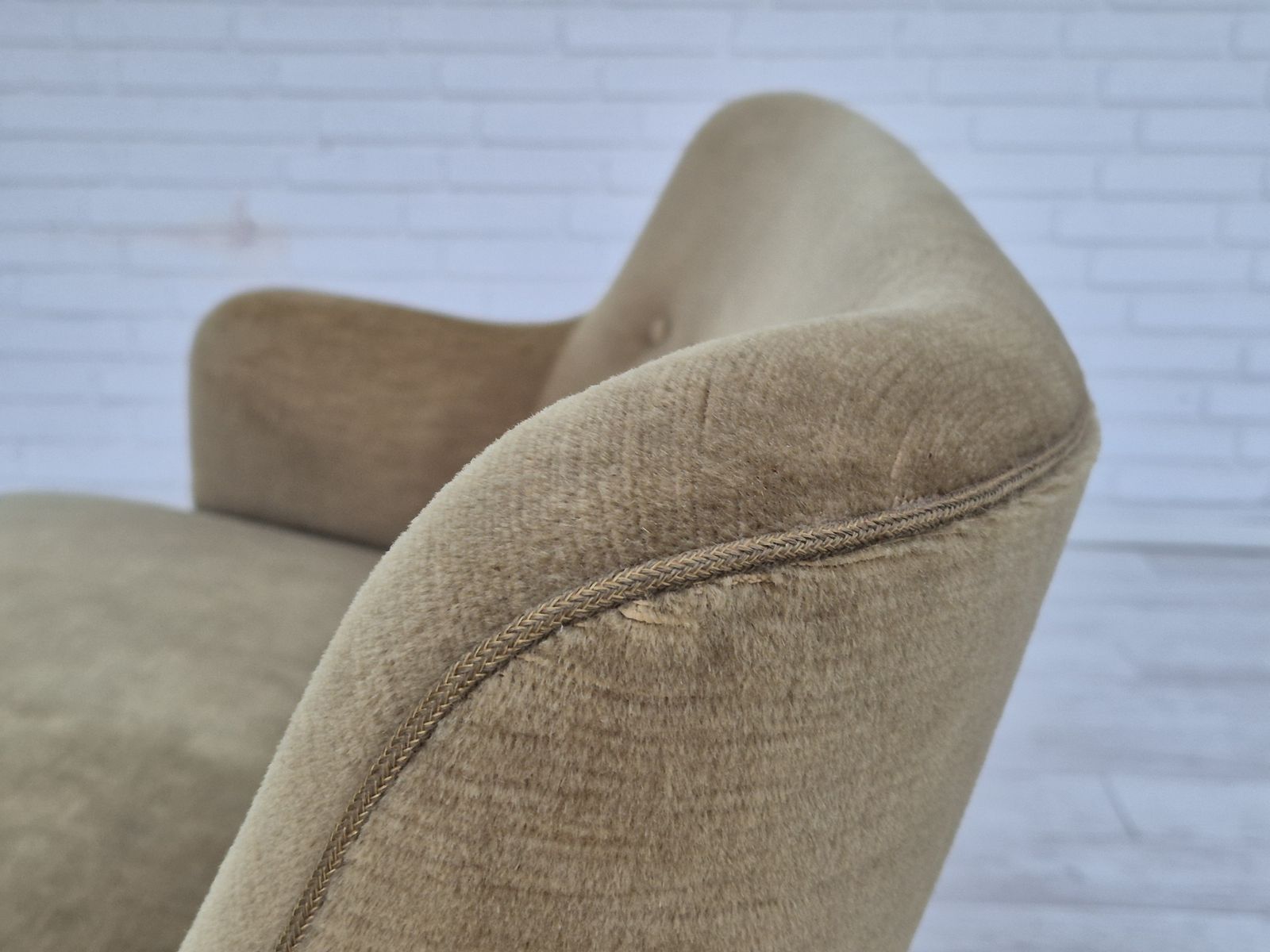 1970s, Danish 2 Seater Sofa, Original Condition, Green Furniture Velour, Beech Wood Legs. photo buy