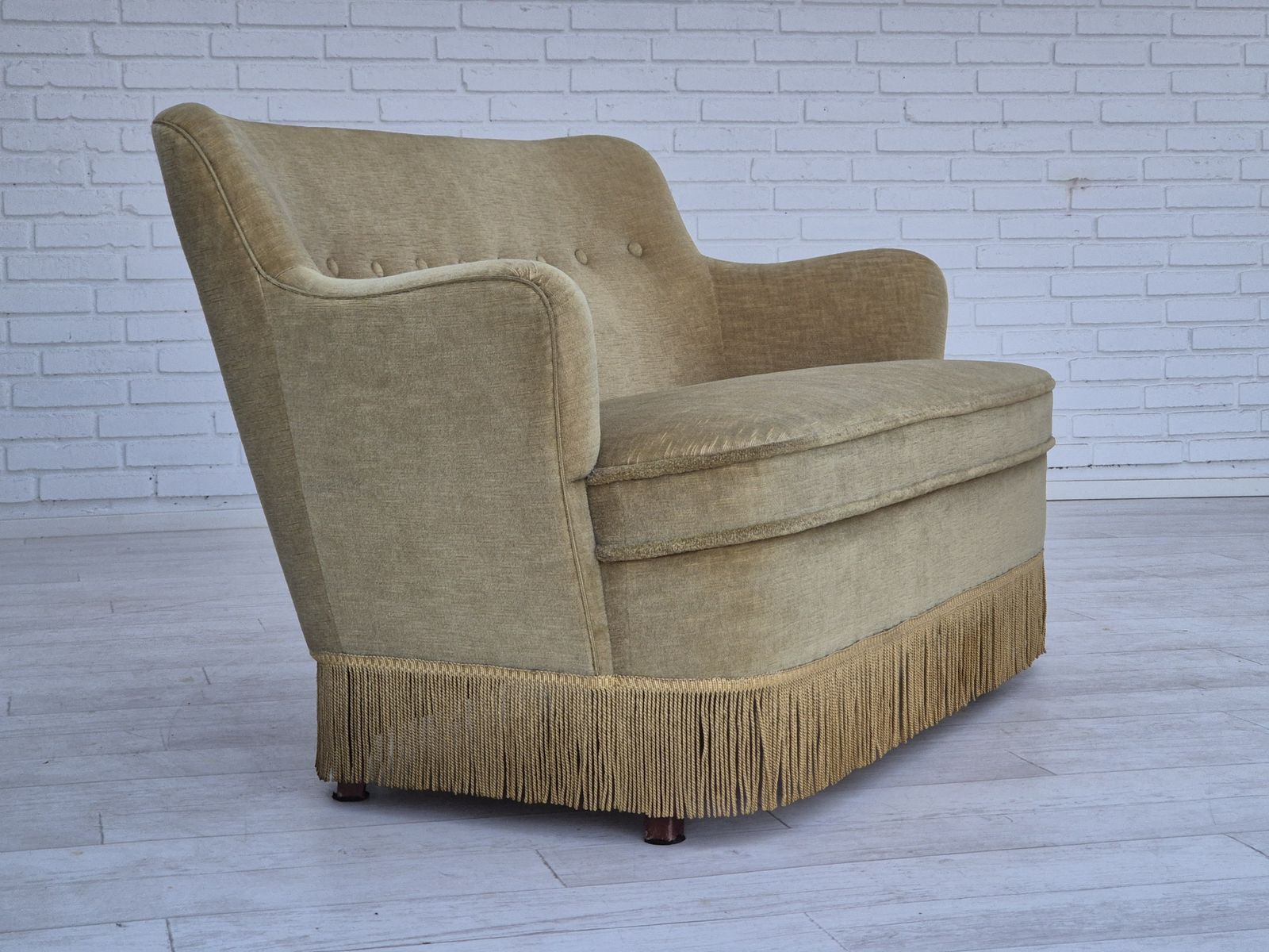 photo furniture 1970s, Danish 2 Seater Sofa, Original Condition, Green Furniture Velour, Beech Wood Legs.
