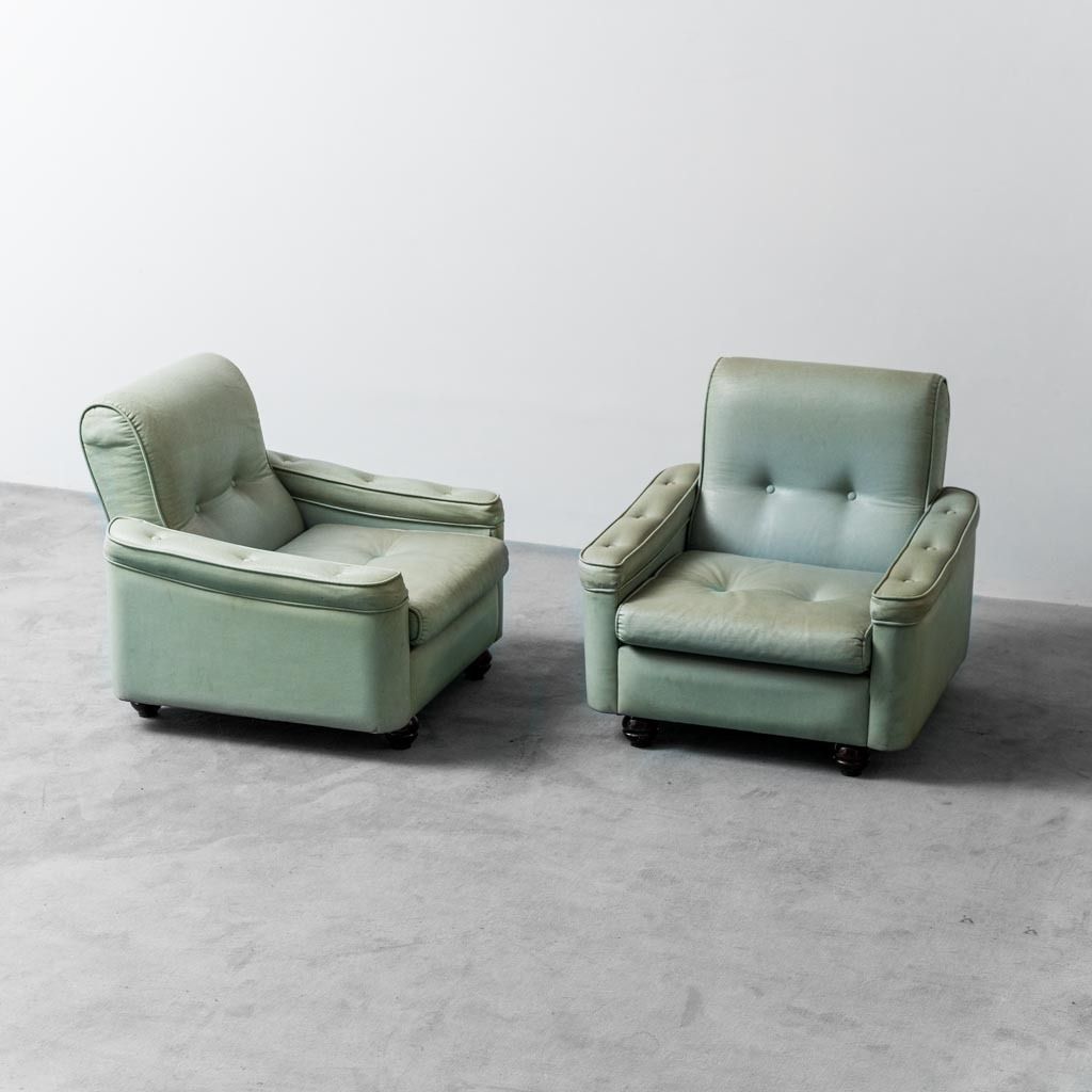 Pair Of Modern Vintage 1950s Sage Green Fabric Armchairs