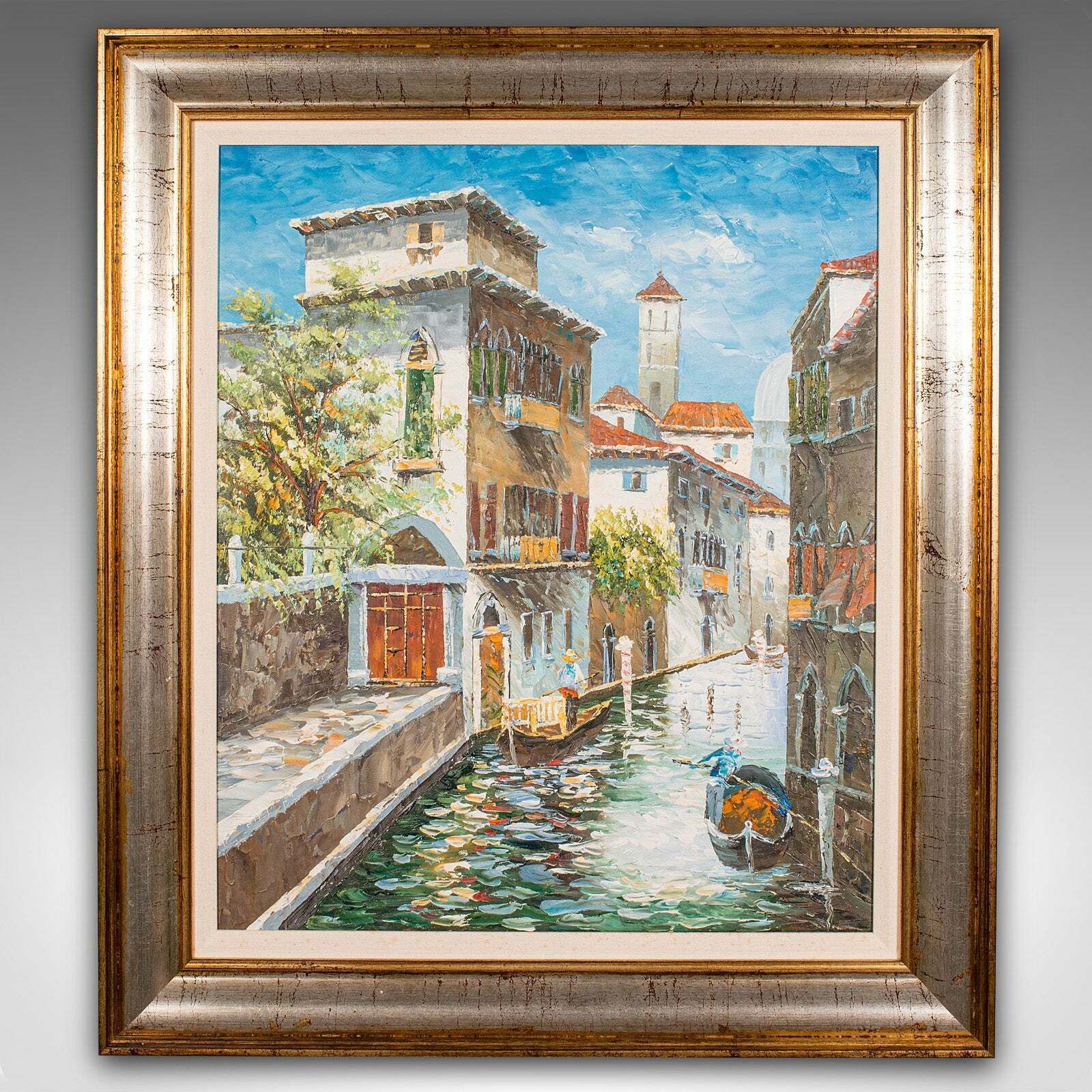 Vintage Venetian Canal Painting, Continental School, Oil On Canvas, Venice, Art photo furniture