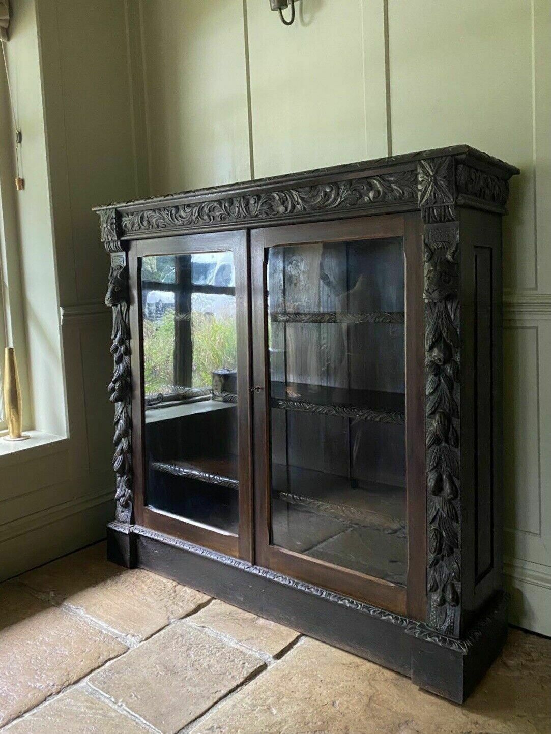 Antique Victorian Jacobean Style Oak Carved Glazed Bookcase Cabinet Cupboard photo Furniture