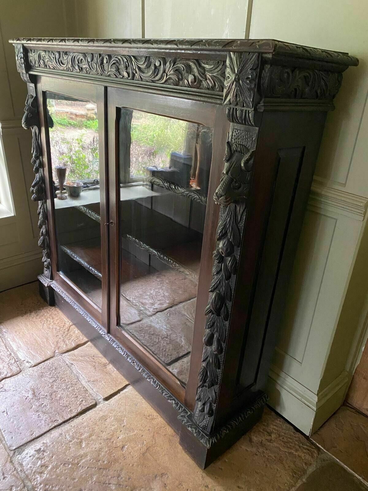 Antique Victorian Jacobean Style Oak Carved Glazed Bookcase Cabinet Cupboard photo 1295.0