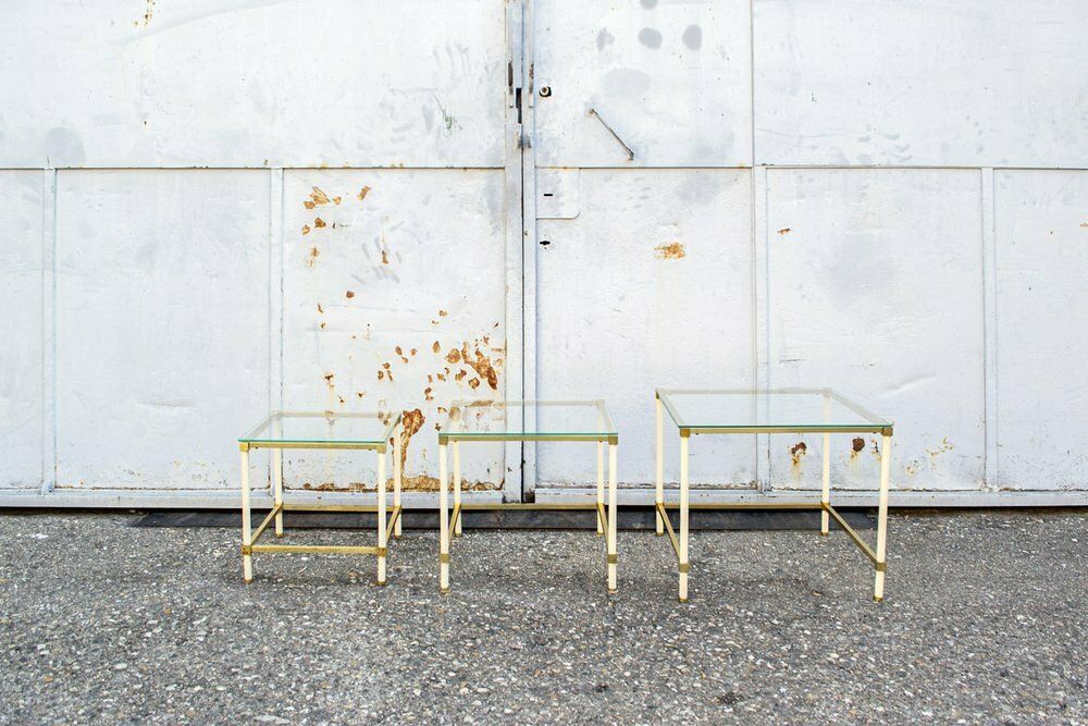 Vintage Italiaanse Salontafels Van Messing En Glas, Jaren 1970, Set Van 3