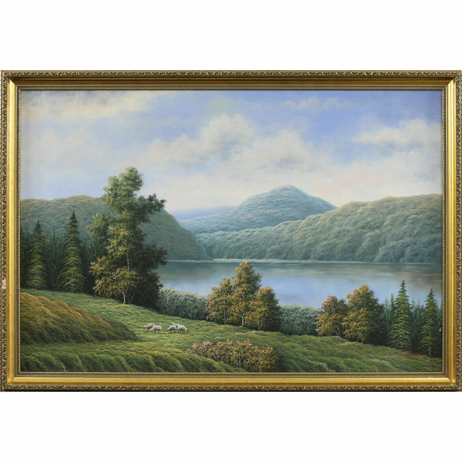 Oil On Canvas Of A Lake View With Sheep.