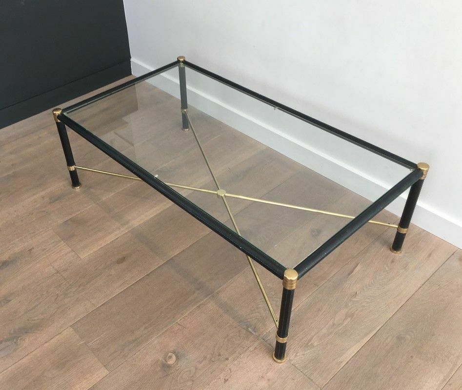 Brass Coffee Table Covered In Black Leather. In The Taste Of Jacques Adnet