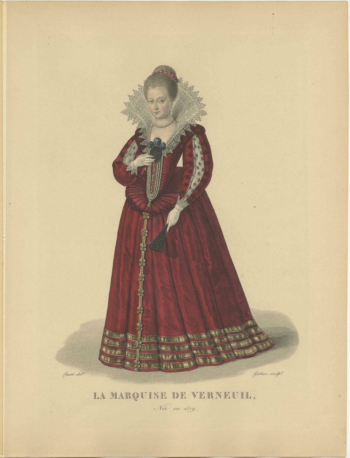 Hand Colored Engraving Of Catherine Henriette De Balzac D'entragues, 1900 photo for sale