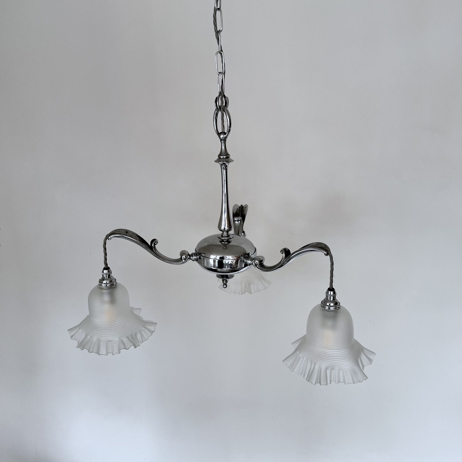 Art Deco Chromed Chandelier With Frosted Frill Shades photo Lighting
