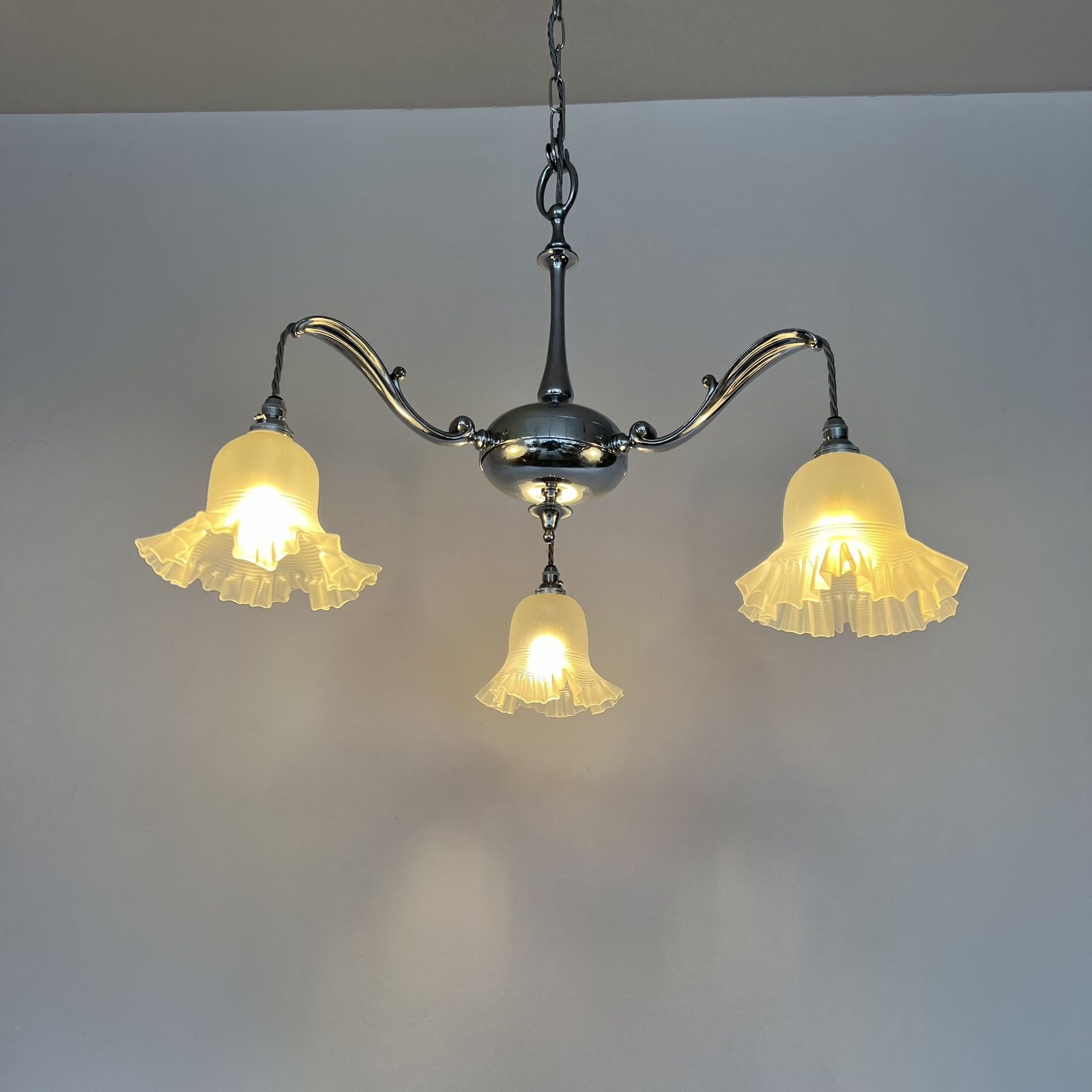 photo for sale Art Deco Chromed Chandelier With Frosted Frill Shades