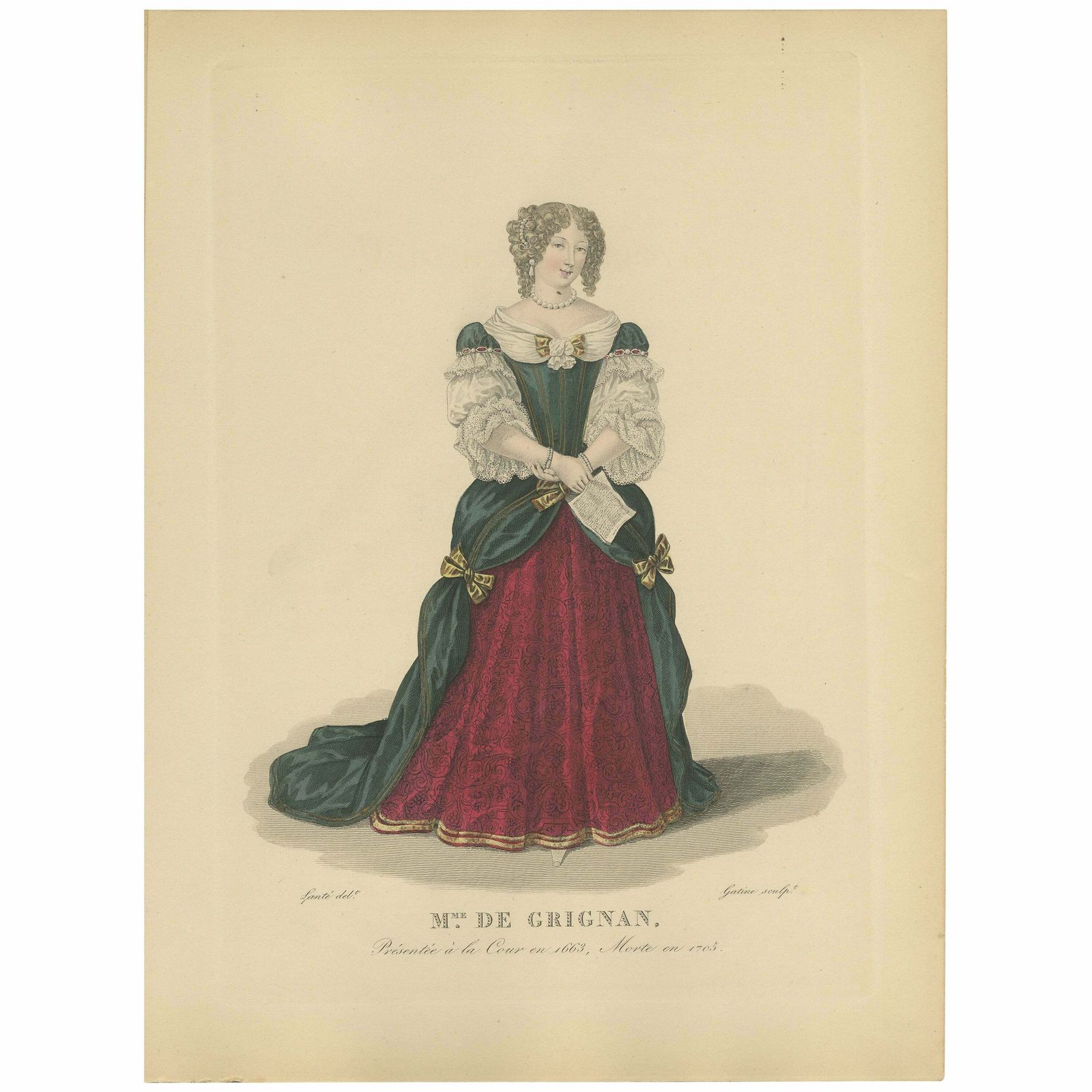 Handcolored Engraving Of Françoise Marguerite De Sévigné, Countess Of Grignan.