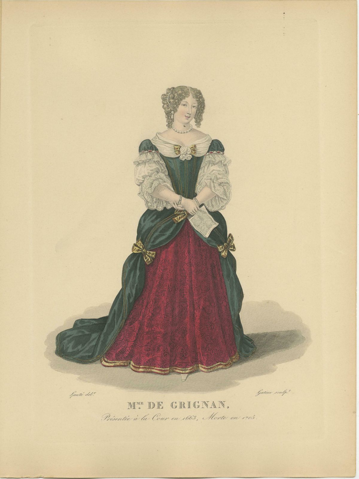 Handcolored Engraving Of Françoise Marguerite De Sévigné, Countess Of Grignan. photo 143.0