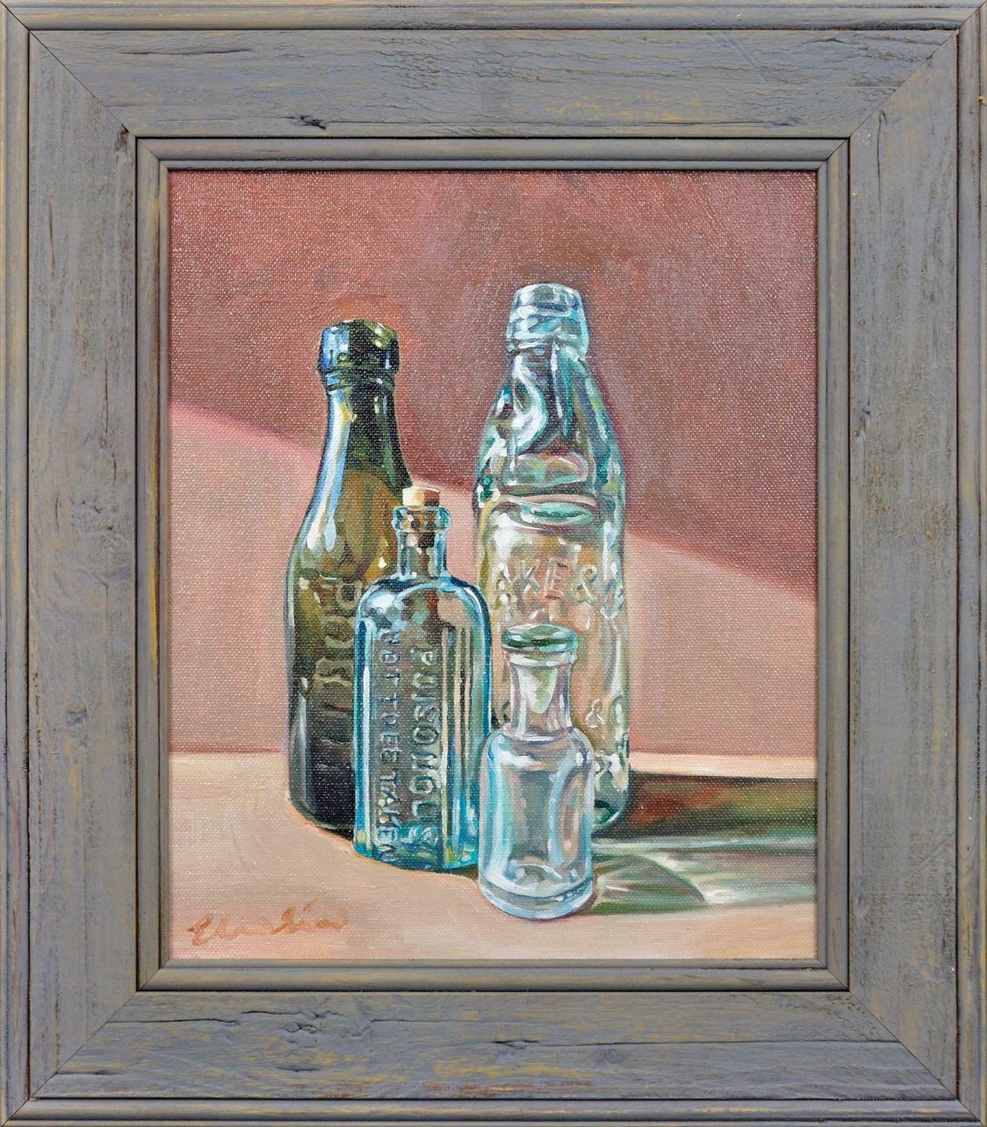 Elin Sian Blake. Welsh.  Antique Bottle Collection. Chemist Shop. Oil Painting.