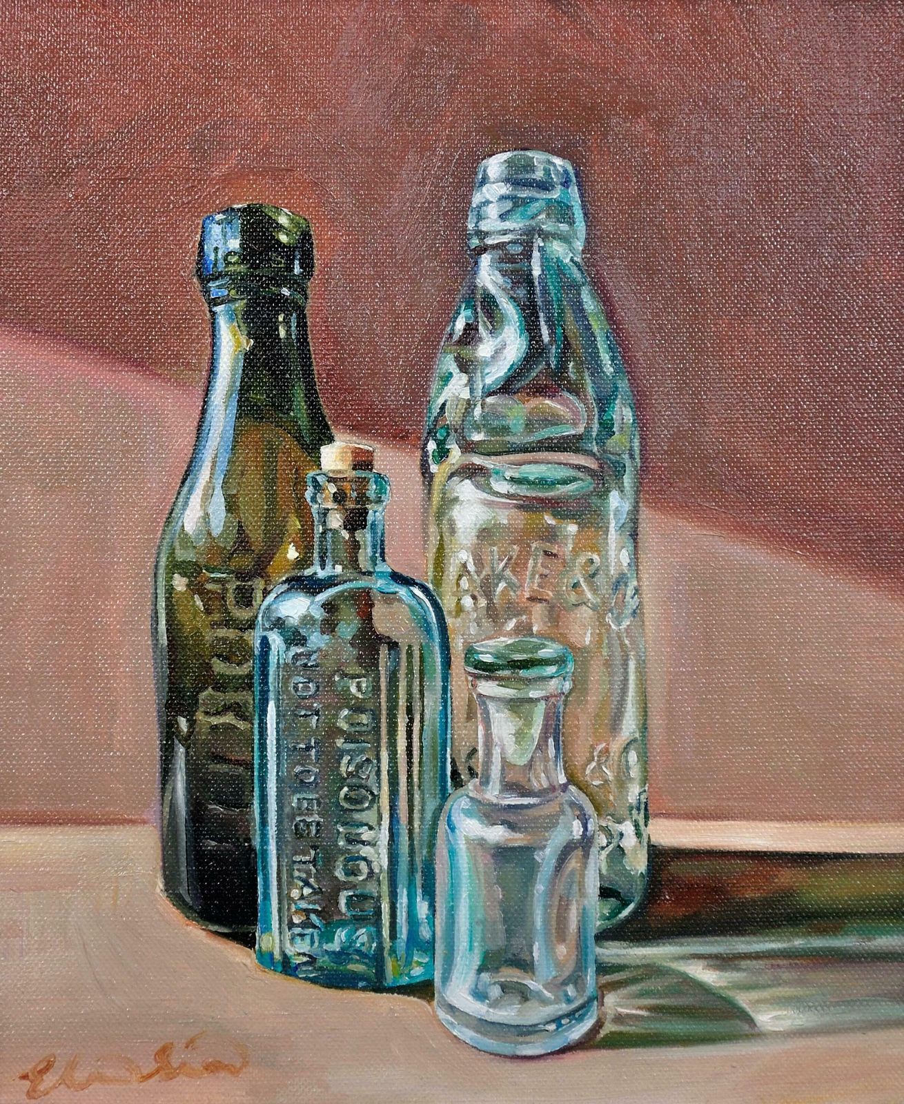 Elin Sian Blake. Welsh.  Antique Bottle Collection. Chemist Shop. Oil Painting. photo furniture