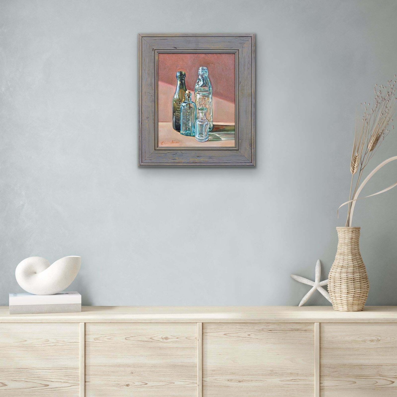 Elin Sian Blake. Welsh.  Antique Bottle Collection. Chemist Shop. Oil Painting. photo vinterior