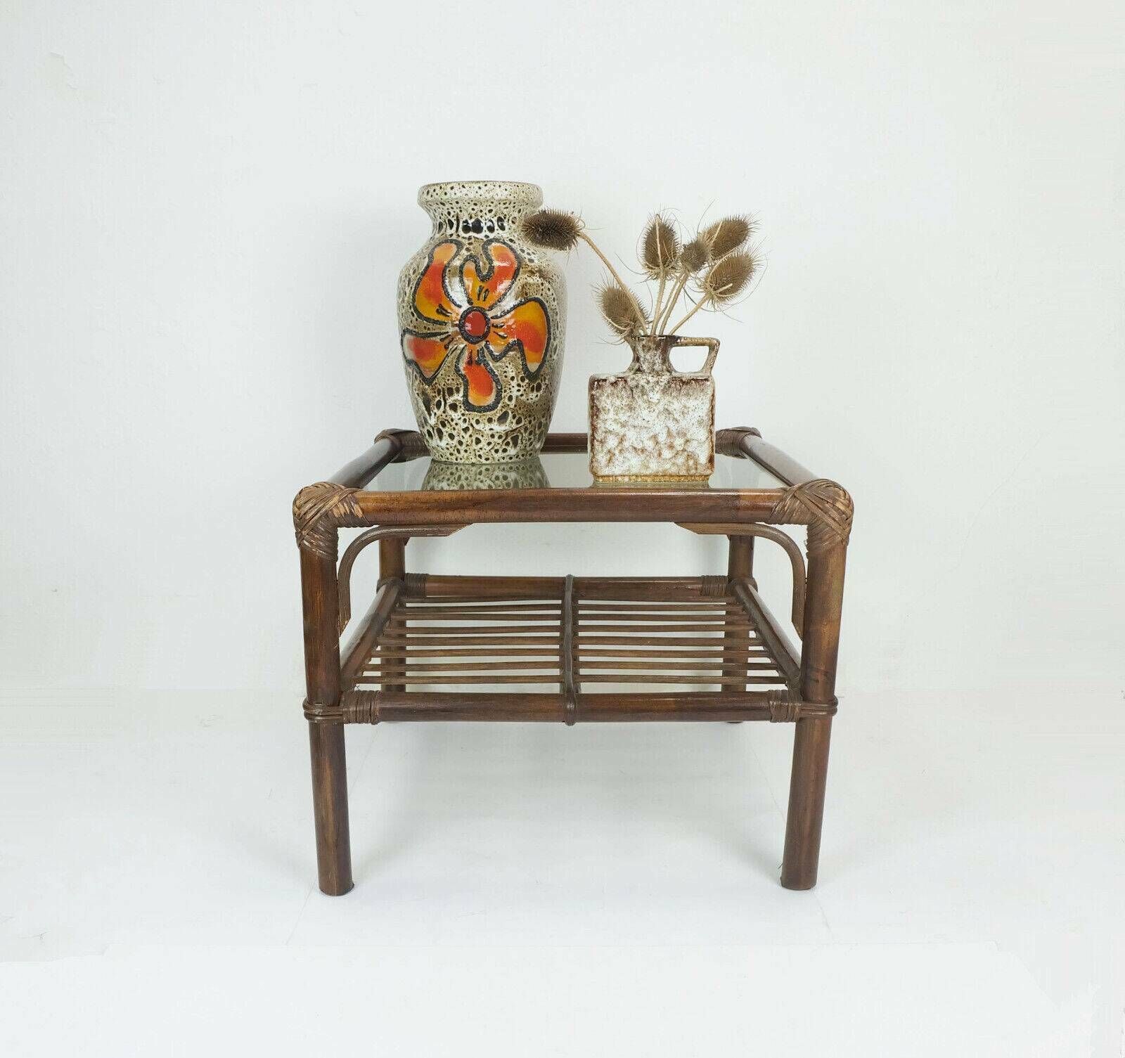 1970s Mid Century Side Table Coffee Table Bamboo Wicker Glass