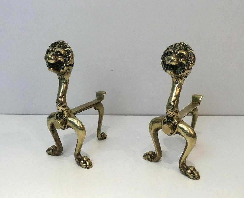 Pair Of Bronze Andirons With Lions