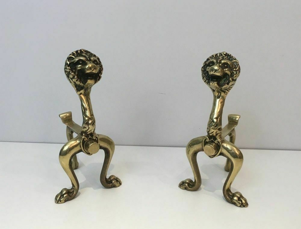 Pair Of Bronze Andirons With Lions photo for sale