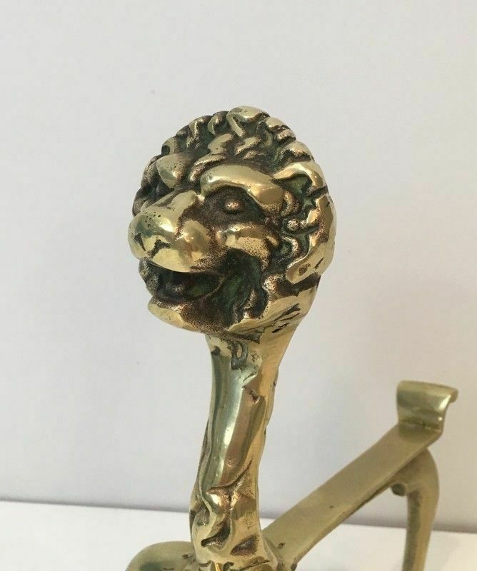 Pair Of Bronze Andirons With Lions photo vintage