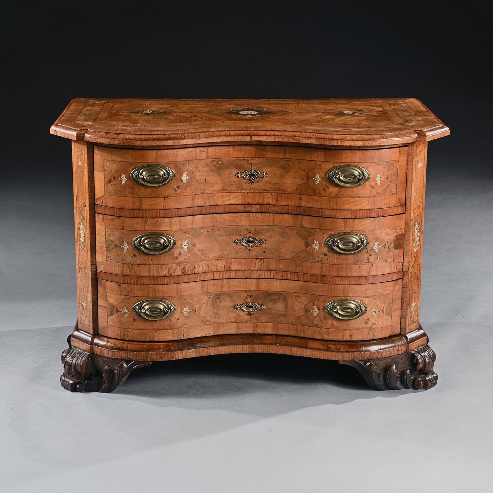 Rare Mid 18th Century German Walnut Pewter And Ivory Marquetry Serpentine Commode photo vintage