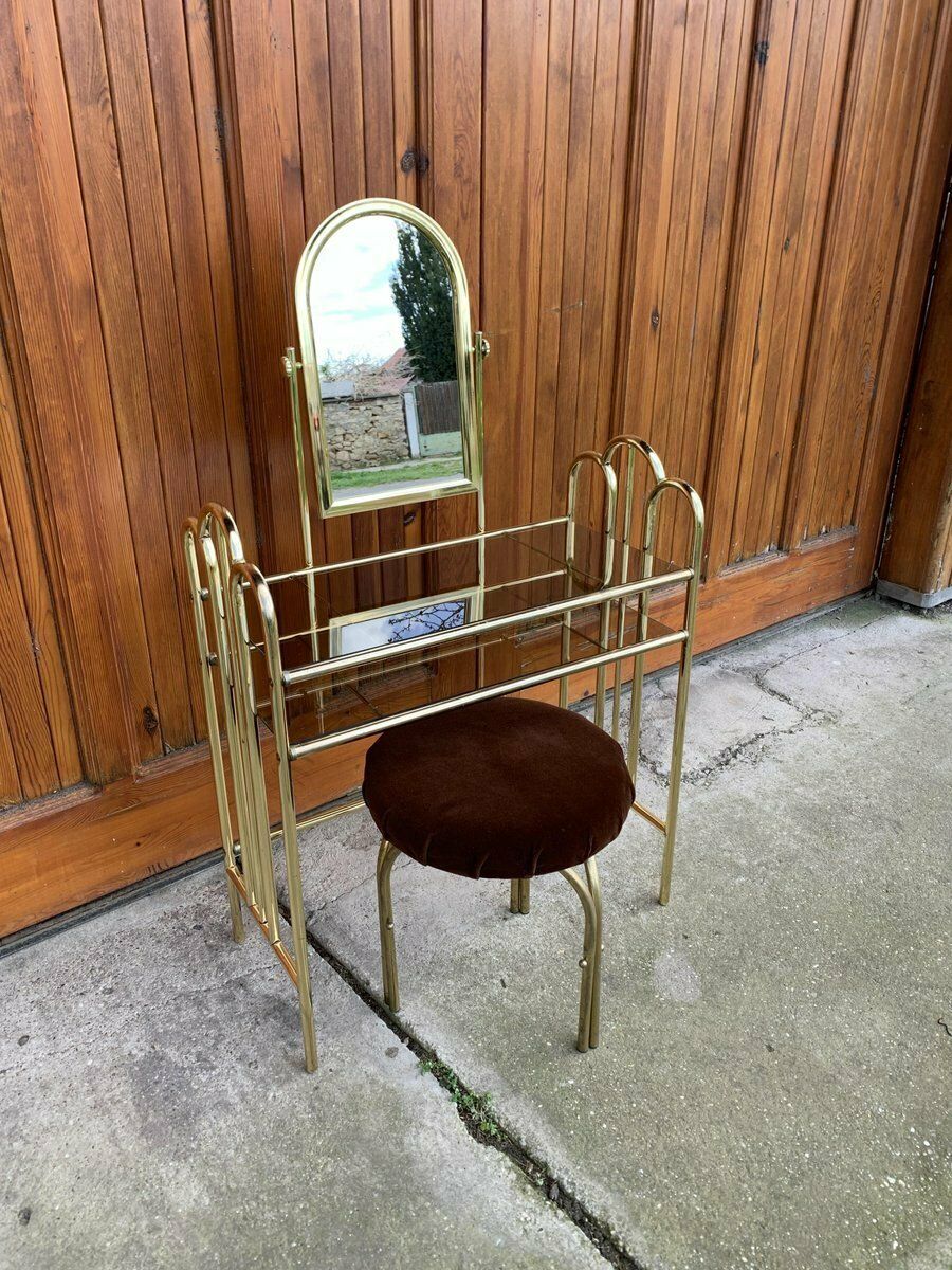 Vintage Dressing Table And Stool In Brass, 1950s, Set Of 2 photo vinterior