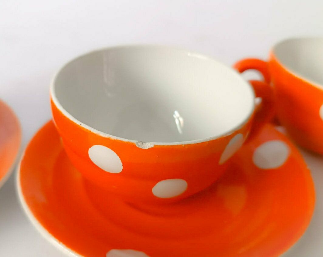 Società Ceramica Lombarda Coffee Service Vintage Orange White Polka Dots Art Deco Rometti Era X4 People photo buy