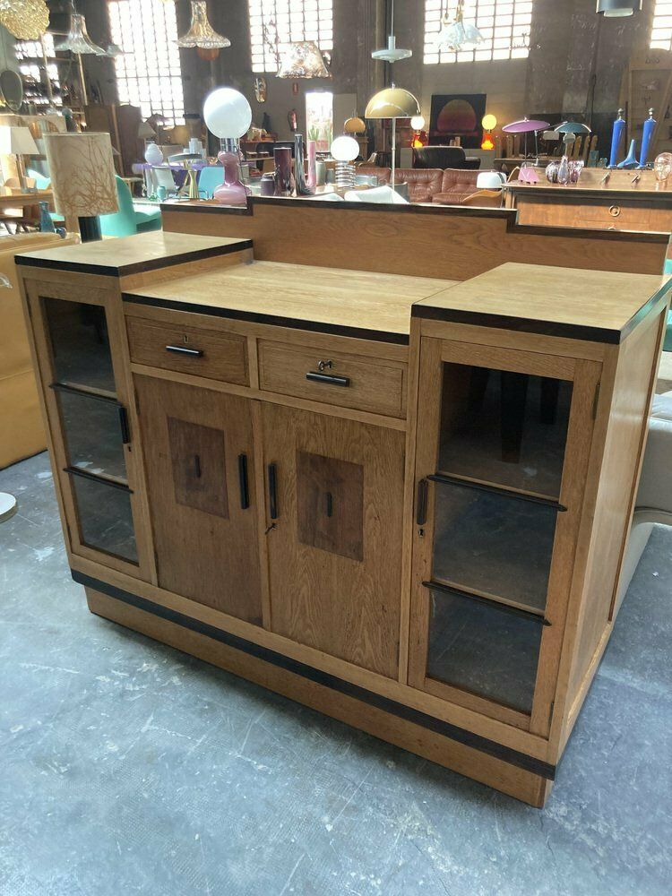 Dutch Art Deco Oak And Glass Buffet Or Bar Cabinet, 1930s