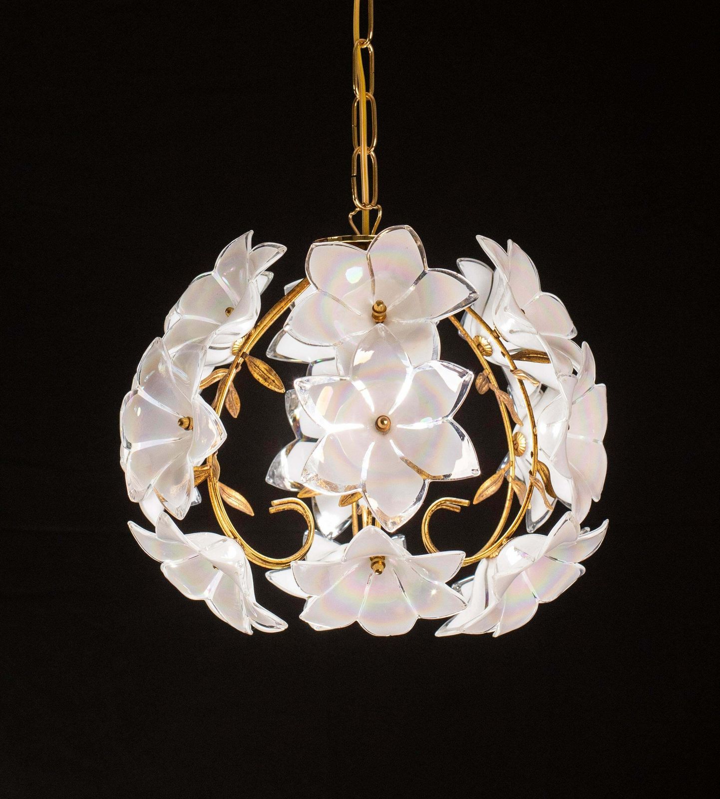 Set Of 2 Murano Spherical Chandelier Full Of White Flowers, 1980s photo for sale