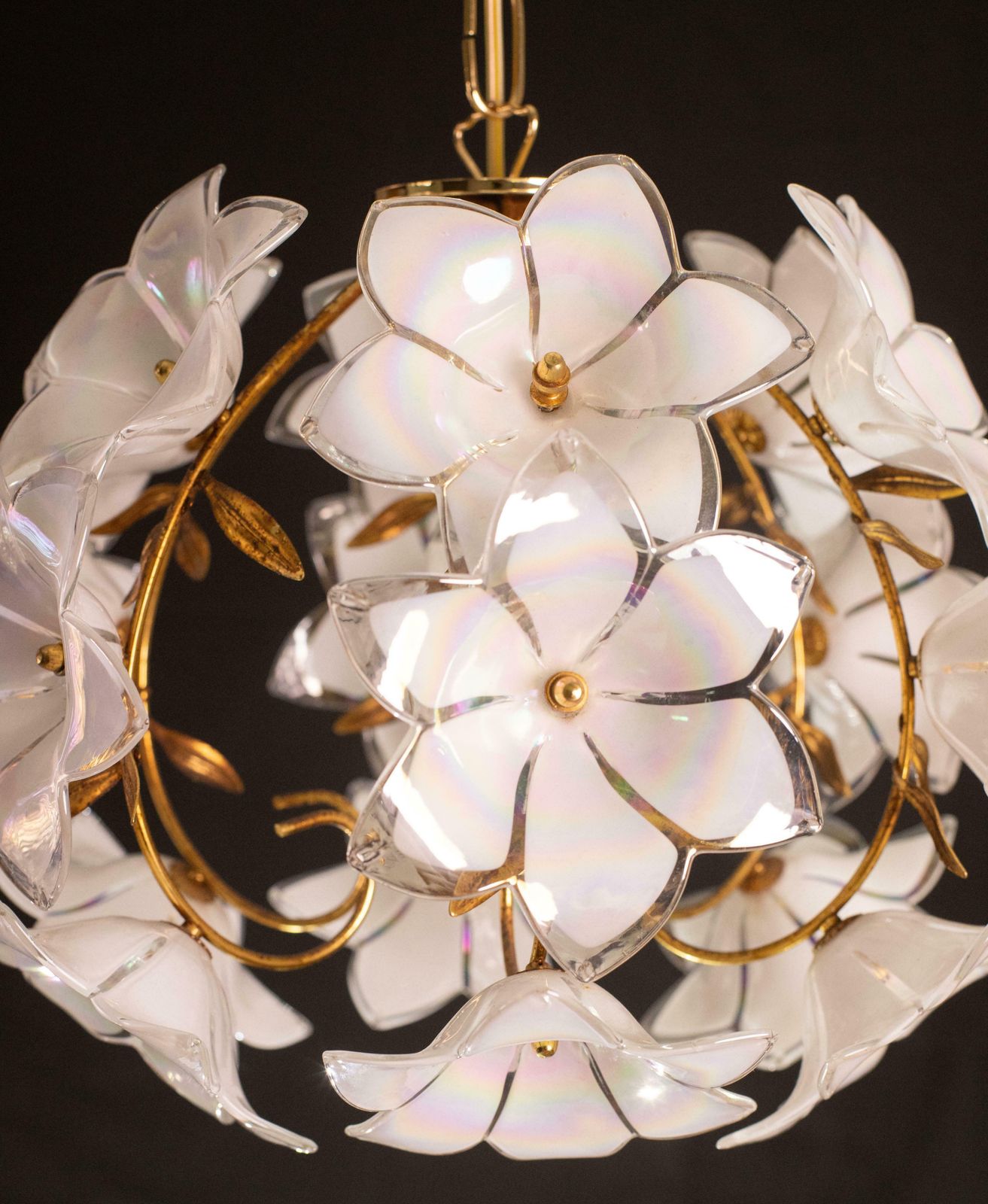 Lighting Set Of 2 Murano Spherical Chandelier Full Of White Flowers, 1980s photo