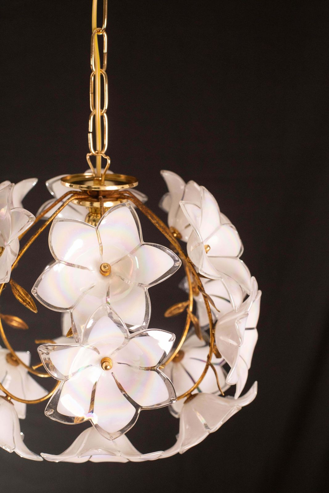 1407.0 Set Of 2 Murano Spherical Chandelier Full Of White Flowers, 1980s photo