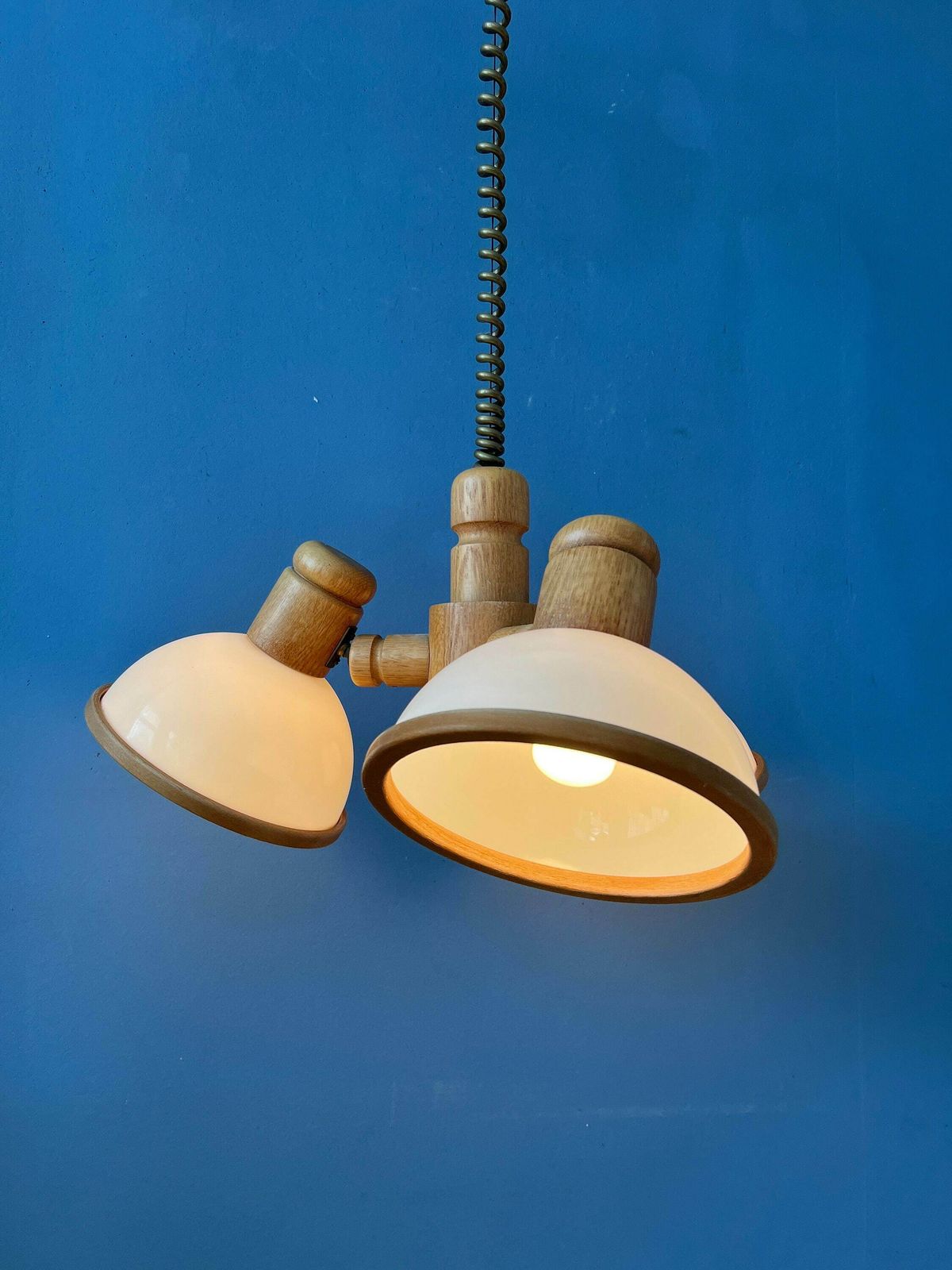 Mid Century Wooden Steinhauer Chandelier Pendant Lamp With Three Plexiglass Shades photo for sale